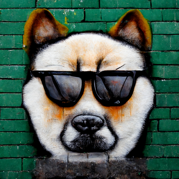 An image of Akita with Sunglasses, Graffiti on Brick Wall