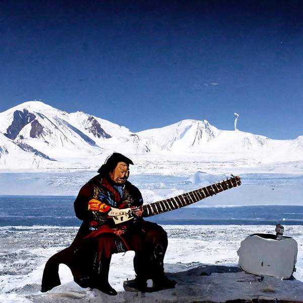 An image of Genghis Khan Playing a Guitar Solo in Antarctica