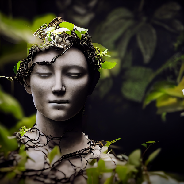 An image of Marble Statue Covered in Vines