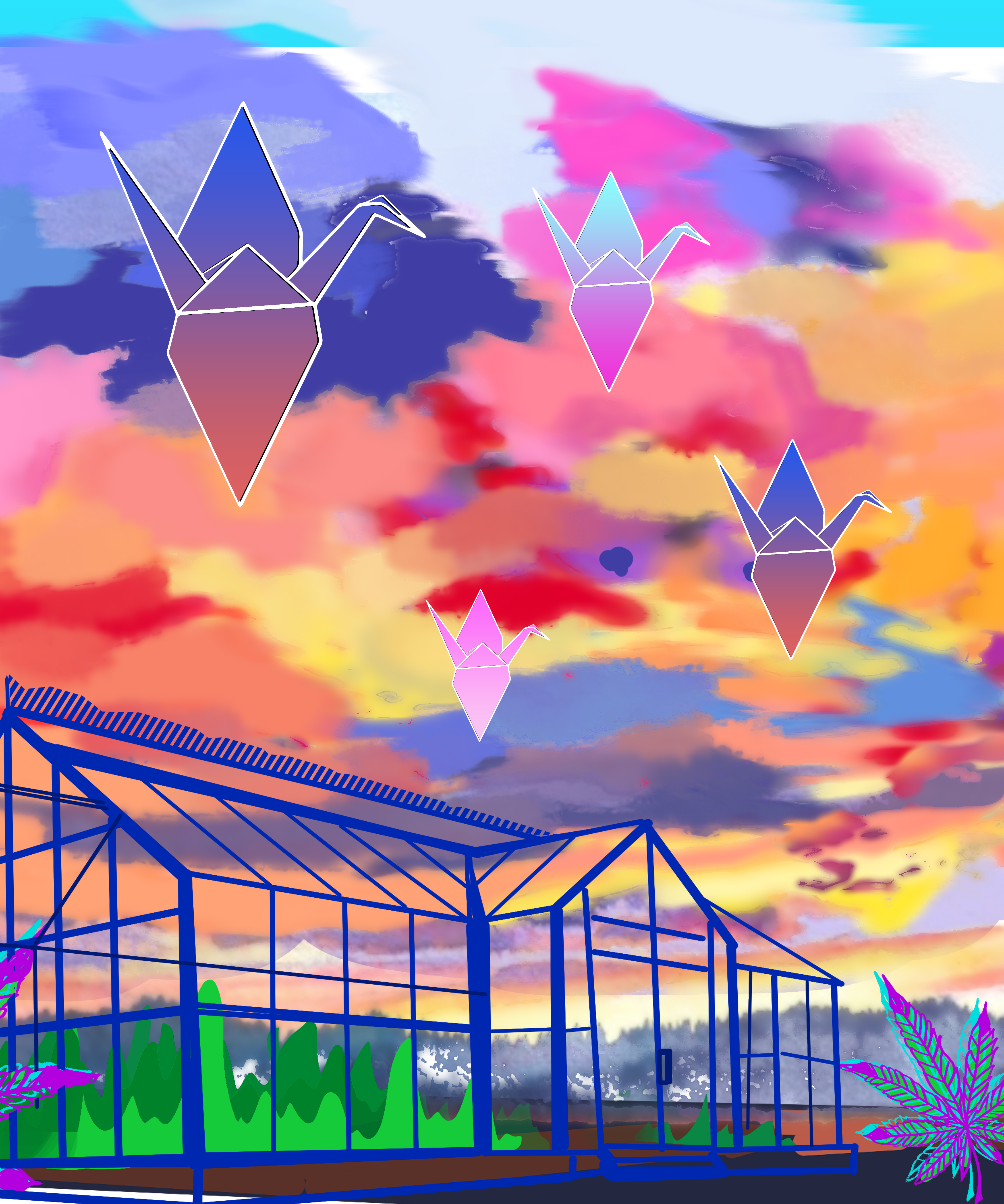 Greenhouse sunset with cranes NFT on Algorand
