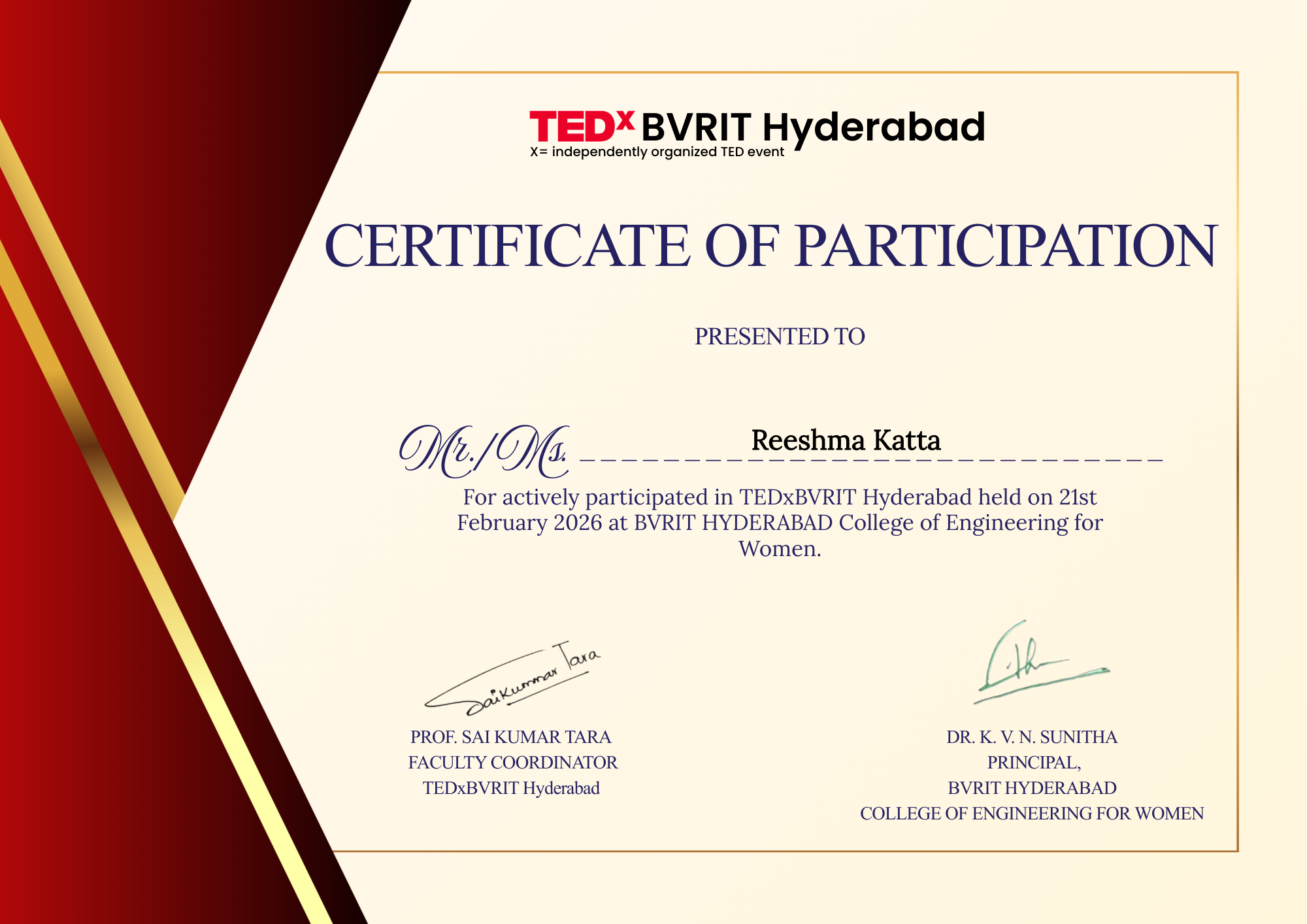 TEDxBVRIT Hyderabad Participant NFT on Algorand